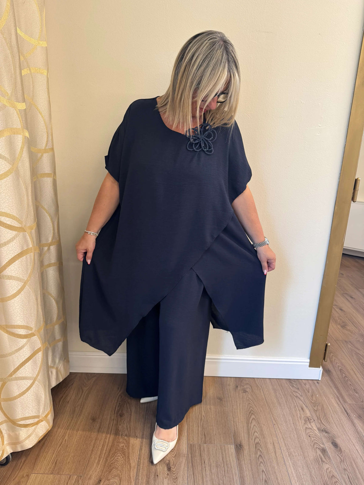 Bella B Boutique Women's Casual Oversized Tunic & Wide-Leg Trousers Co-Ord Set - Black