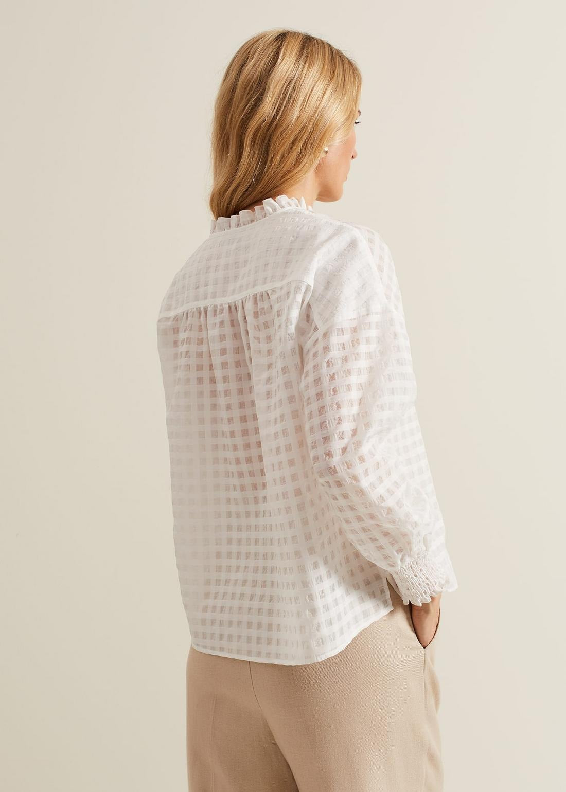 Tara Textured Frill Women's Blouse – Elegant Long Sleeve Checkered Shirt