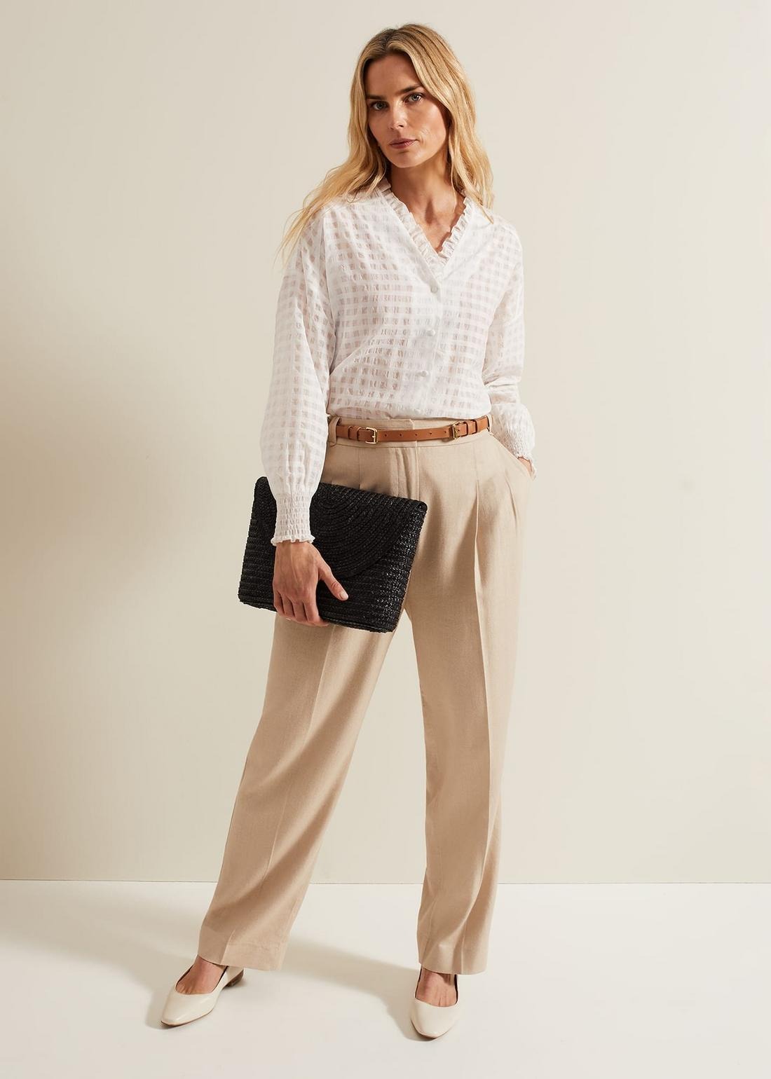 Tara Textured Frill Women's Blouse – Elegant Long Sleeve Checkered Shirt