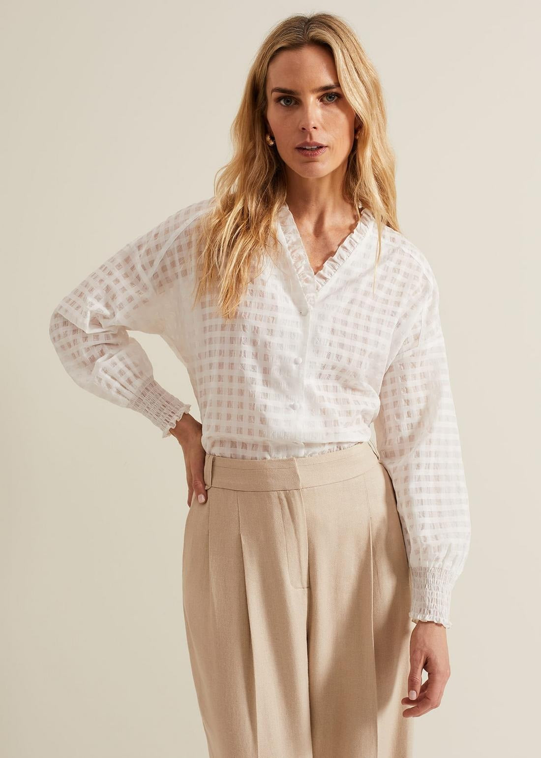 Tara Textured Frill Women's Blouse – Elegant Long Sleeve Checkered Shirt