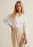 Tara Textured Frill Women's Blouse – Elegant Long Sleeve Checkered Shirt