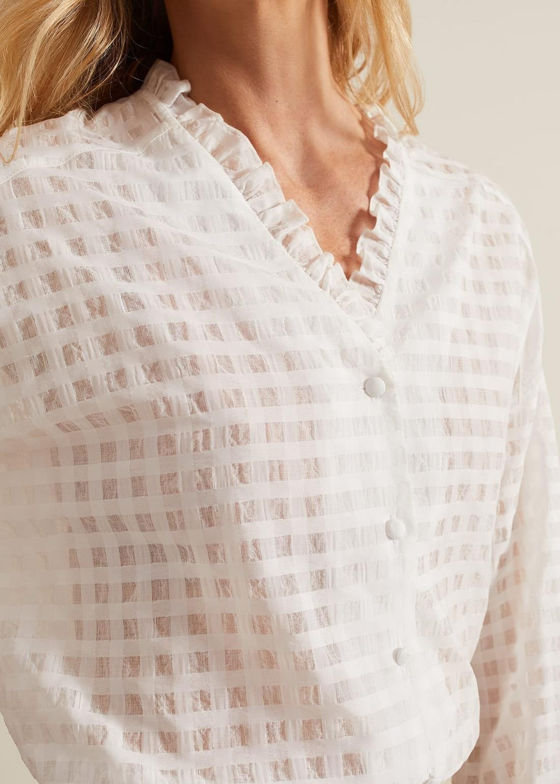 Tara Textured Frill Women's Blouse – Elegant Long Sleeve Checkered Shirt